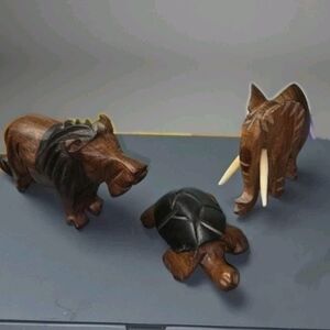 Earth Art hand crafted artisan Brown and Black Carved Wood Animal Trio
